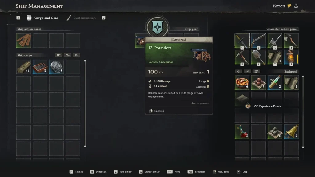 Windrose manage ship menu and drag the cannons into the slots
