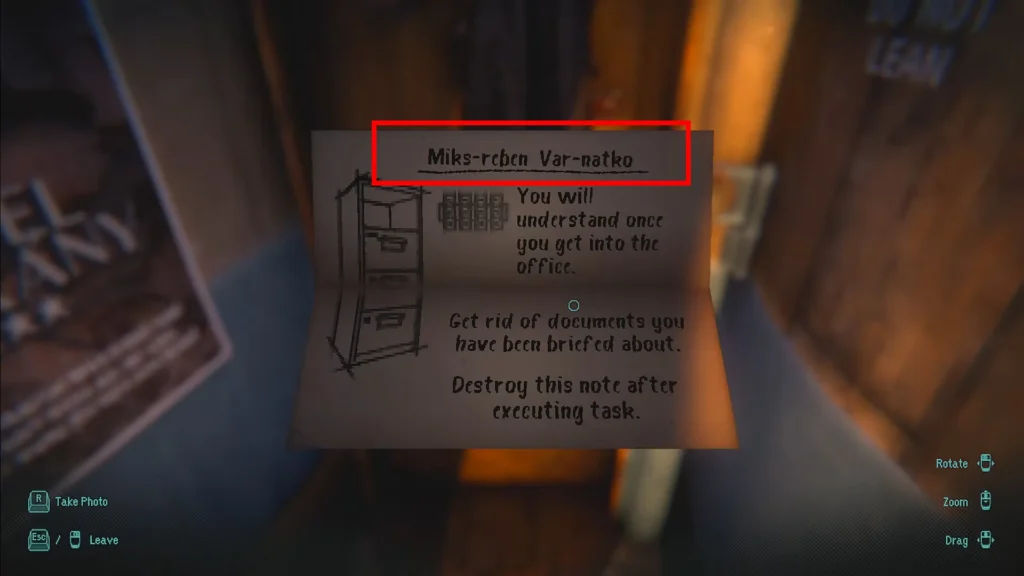 Filing Cabinet hint in note on the coat hanging in Dimhaven