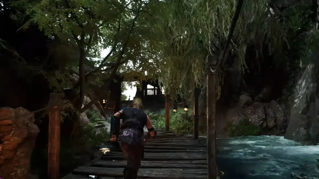 Passing the waterfall and crossing the bridge