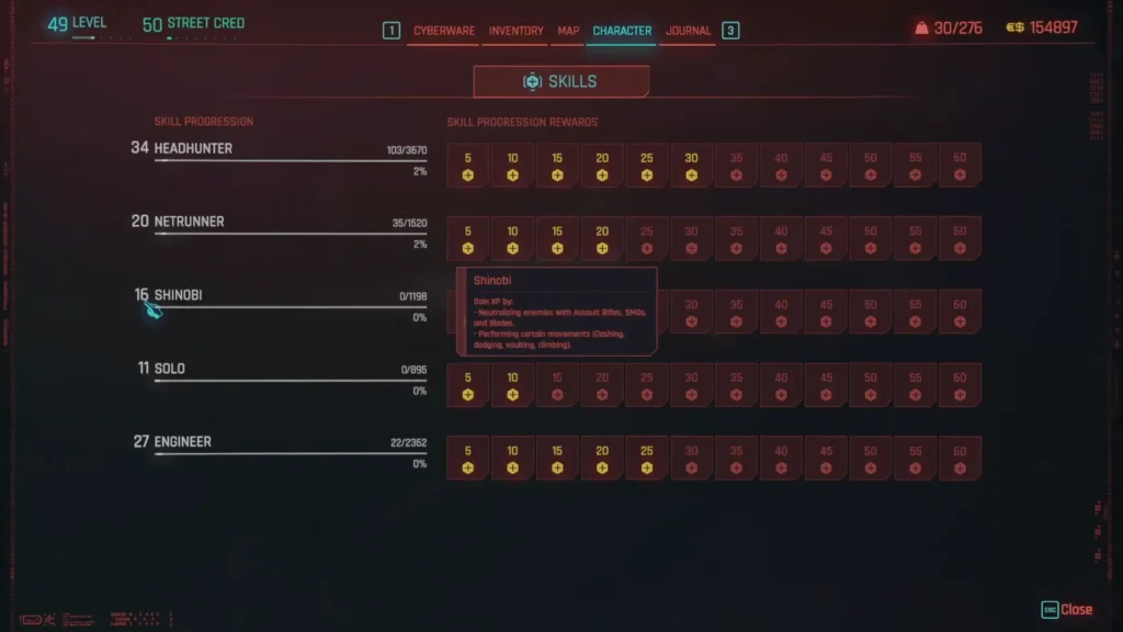 Cyberpunk 2077 Shinobi Skill: Instant XP Boosts