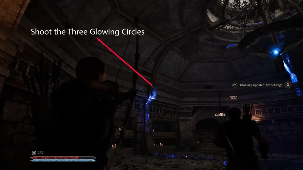 shoot the three glowing wall ornaments