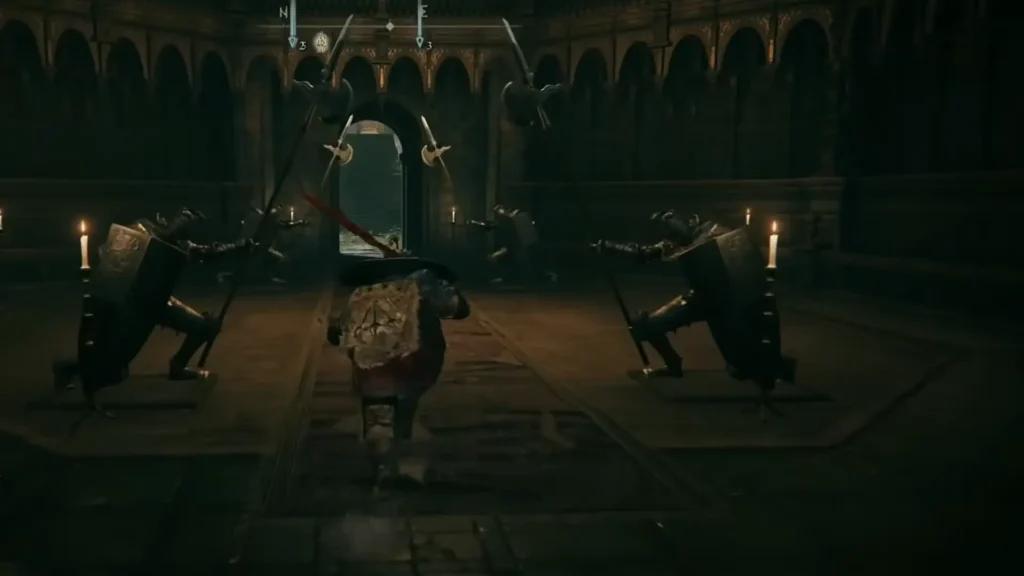 passageway leading through a group of knight statues