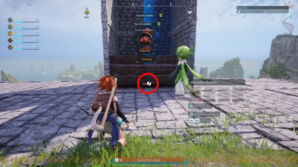 Crouched camera angle showing the last Wooden Bench highlighted for disassembly under a stacked plantation