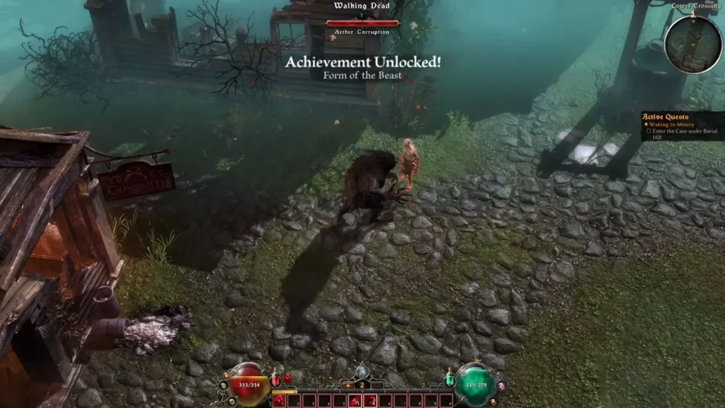 Grim Dawn Werewolf form using Feral Claws attack against a group of enemies