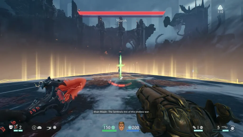 Slashing cross-shaped shots with ax in Doom the Dark Ages