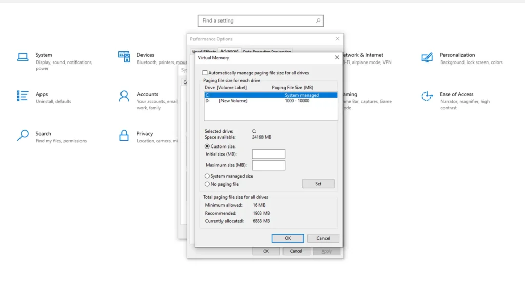 Increase Virtual Memory step 3