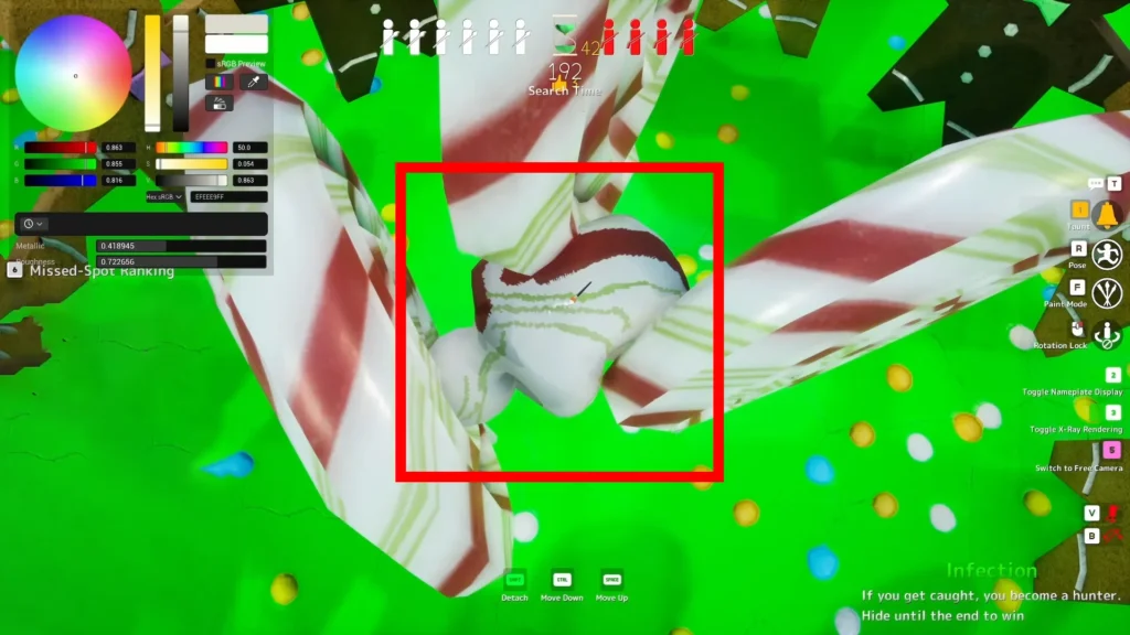 Meccha Chameleon hiding between candies in middle of gingerbread men on the candy map to gain points