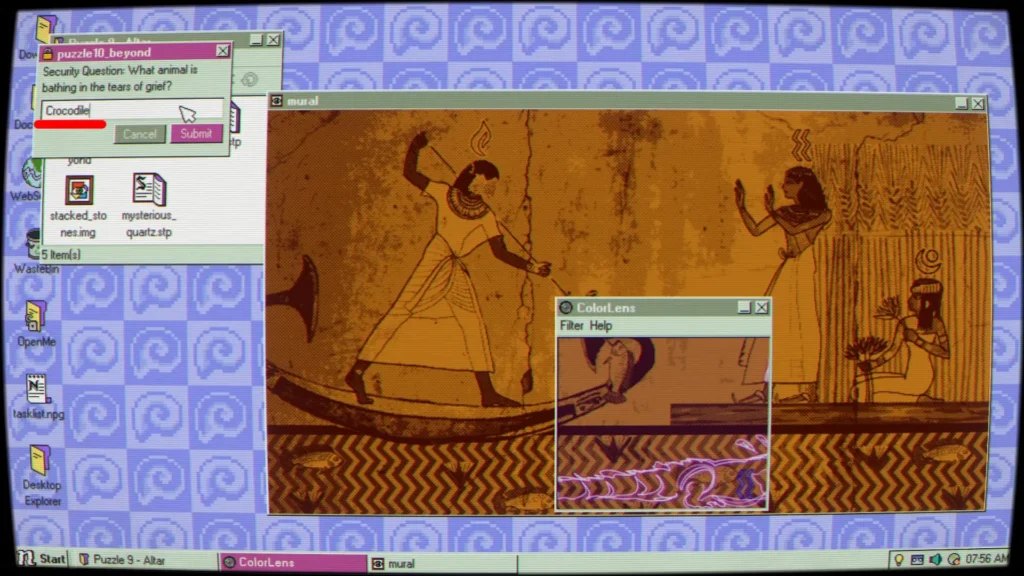 Mural viewed through the blue color lens revealing a crocodile shape for the Puzzle 10 security question in Desktop Explorer