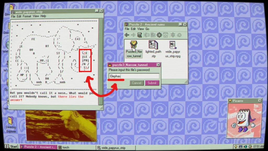 Notepad window resized into the shape of an elephant, the Puzzle 2 password at the trunk in Desktop Explorer