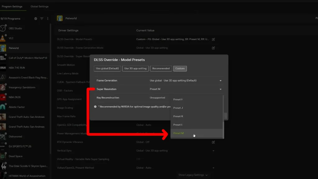 Nvidia App DLSS Override menu set to Preset M for Palworld