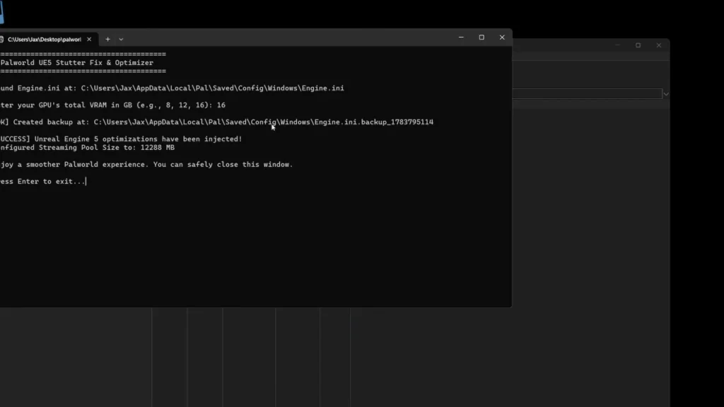 Palworld Auto Configurator tool asking for GPU VRAM before applying the Engine.ini stutter fix