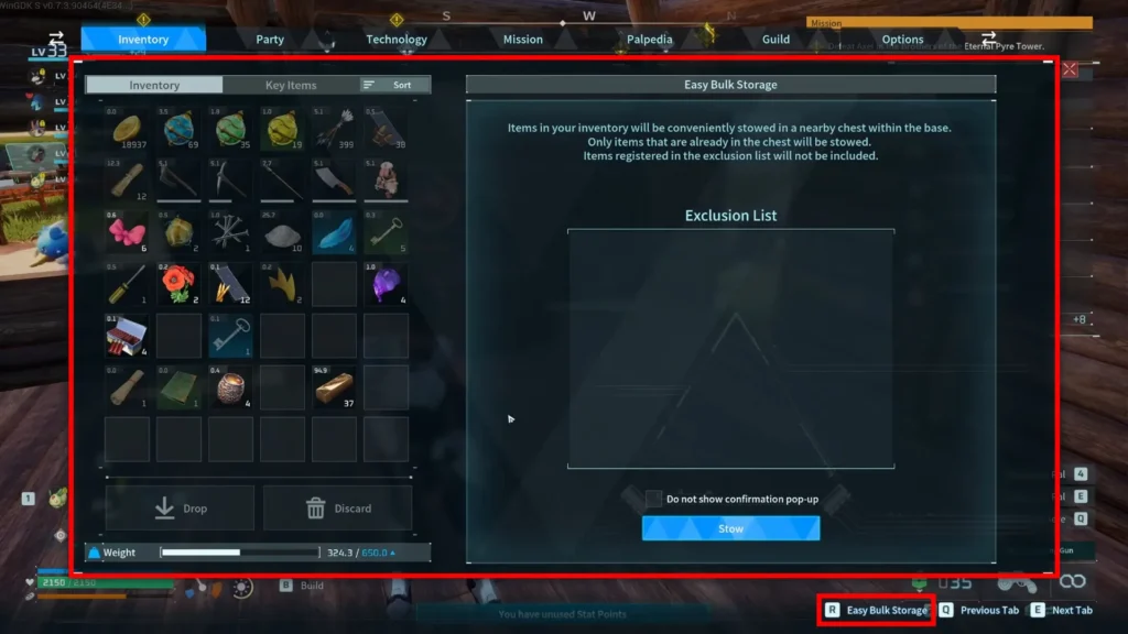 Palworld Easy Bulk Storage pop up showing items about to be stowed into base chests
