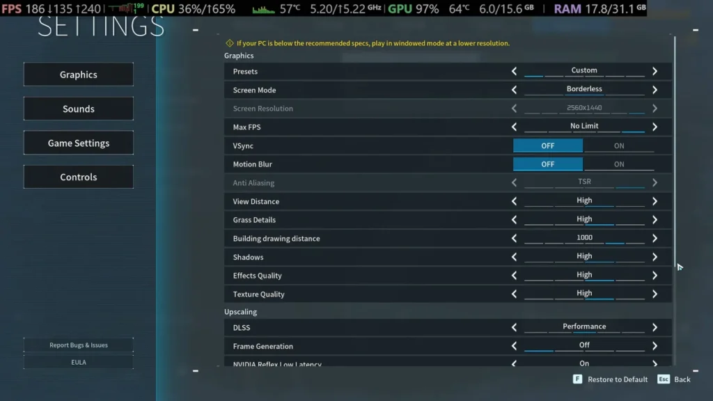 Palworld FPS counter comparing Epic and High graphics presets