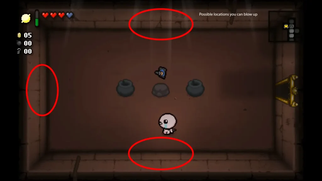 Possible locations you can blow up when looking for secret rooms in The Binding of Isaac