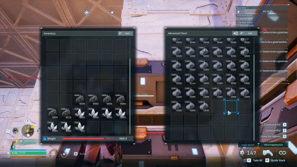 Splitting a full stone stack in half in Palworld to leave room for Easy Bulk Storage