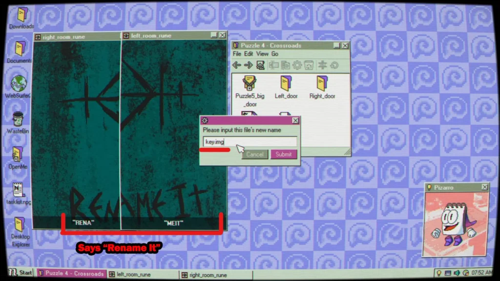 Two rune images placed side by side spelling RENAME IT to solve the Puzzle 5 Big Door riddle in Desktop Explorer