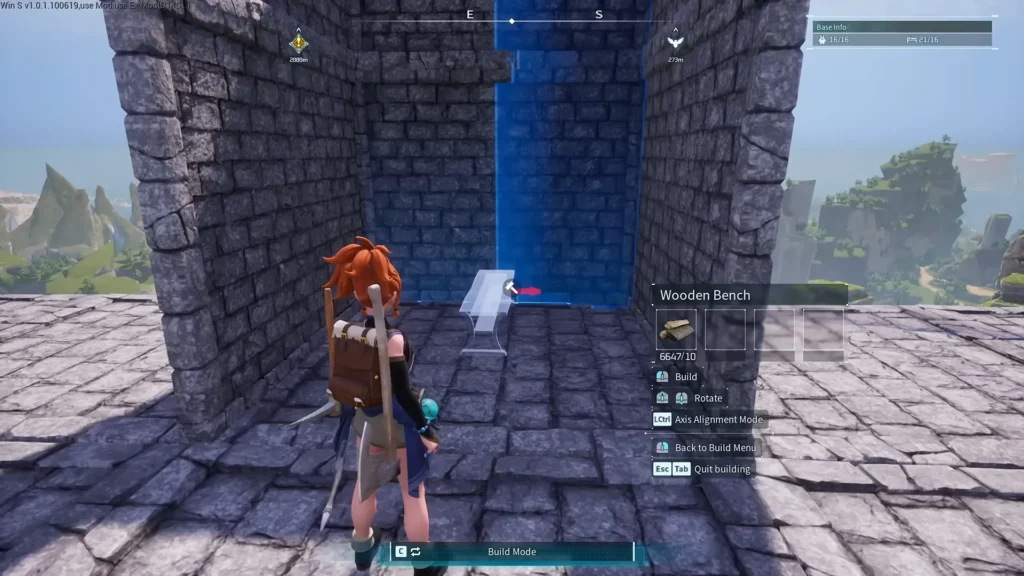 Wooden Bench rotated to snap vertically against a Wall in Palworld build mode
