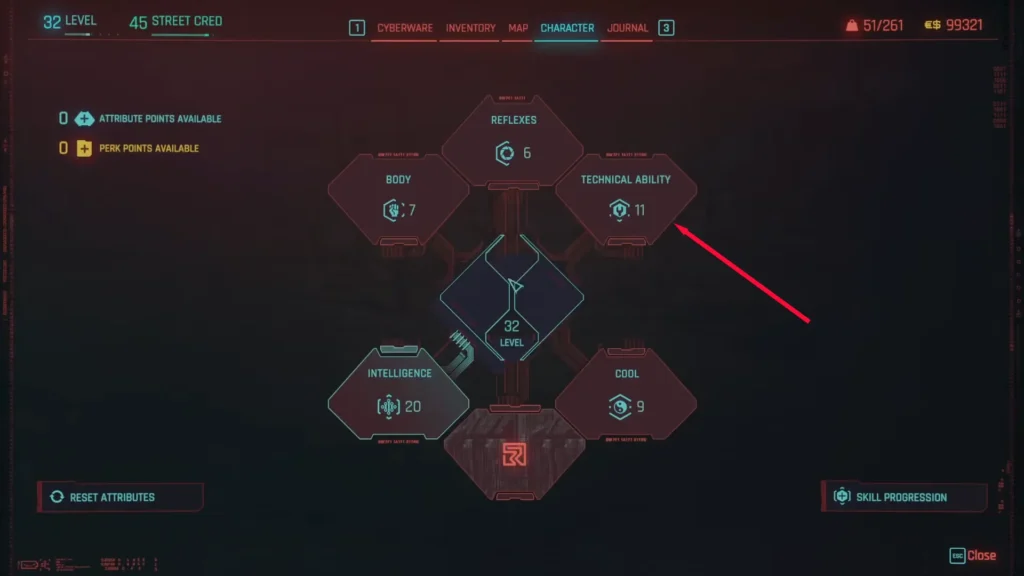 Progression tab of Cyberpunk 2077