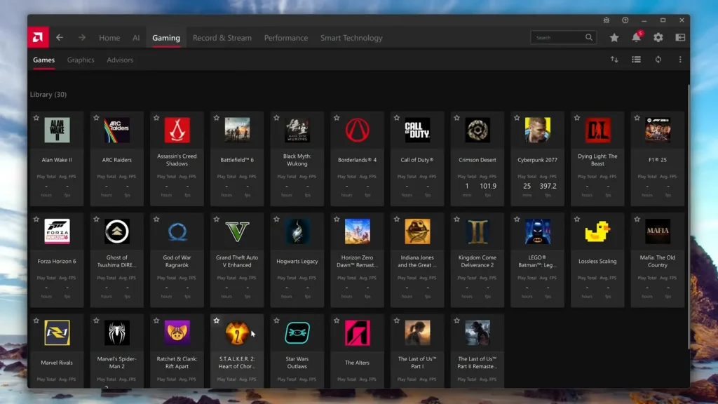AMD Adrenalin Game section
