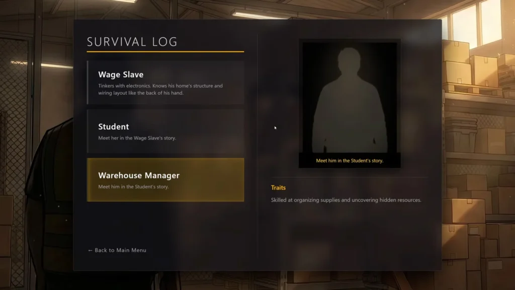 College Student and Warehouse Manager in Survival Log