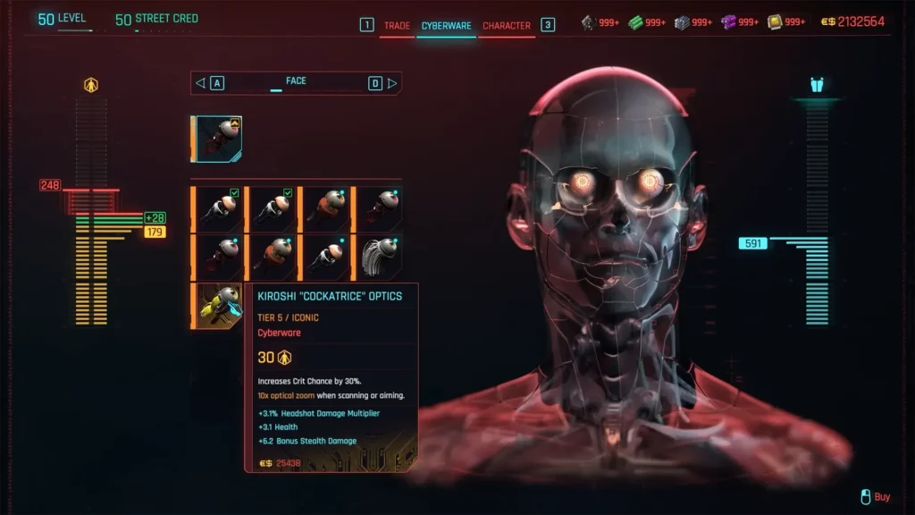  Cyberpunk 2077 Face Cyberware slots