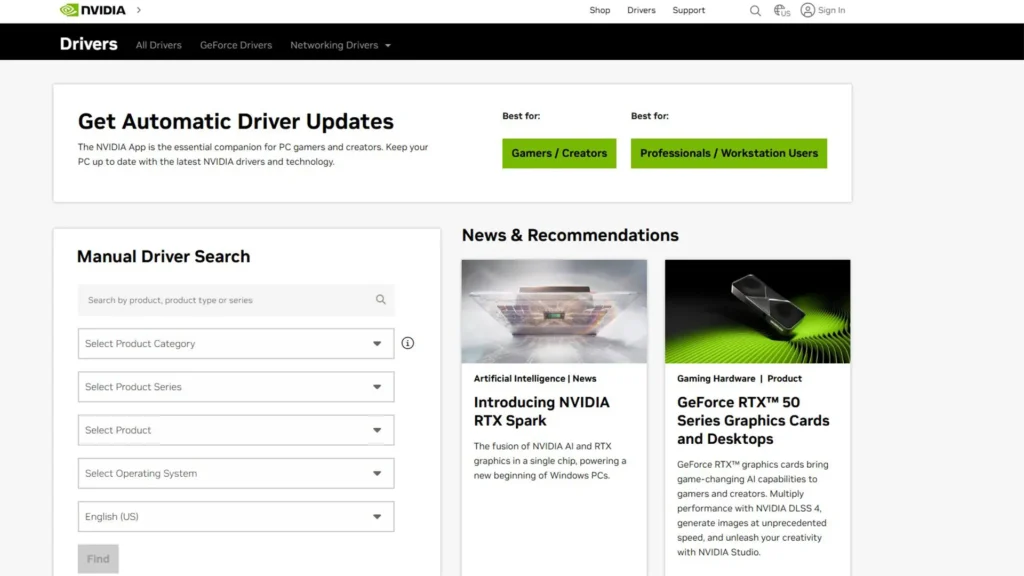 Nvidia graphic driver download page