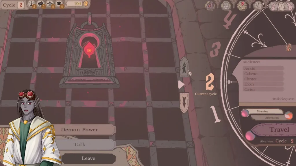 Sovereign Tower demon power rewind screen showing the morning and afternoon options for a past cycle