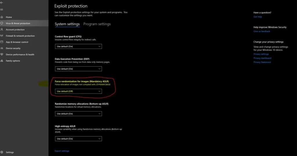 Turn off Mandatory ASLR: