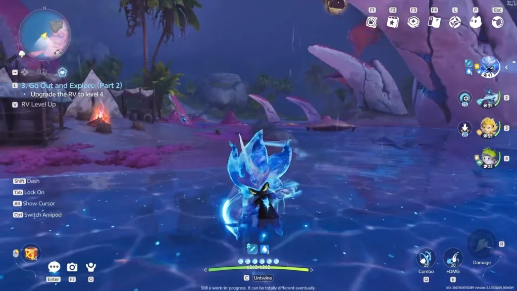 Astrophel Aniimo guide showing the Water-type DPS creature Sherro, its evolution line, and combat details in Aniimo