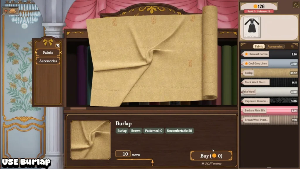 Burlap fabric in the Dressmaker shop, which costs nothing