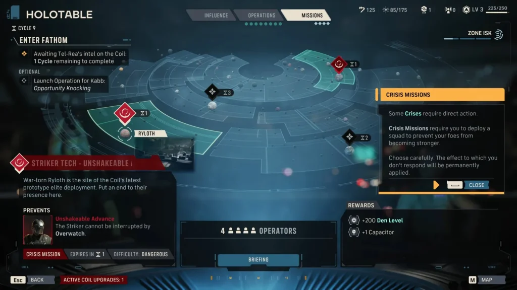 Crisis Mission screen choosing which Coil Striker upgrade to block