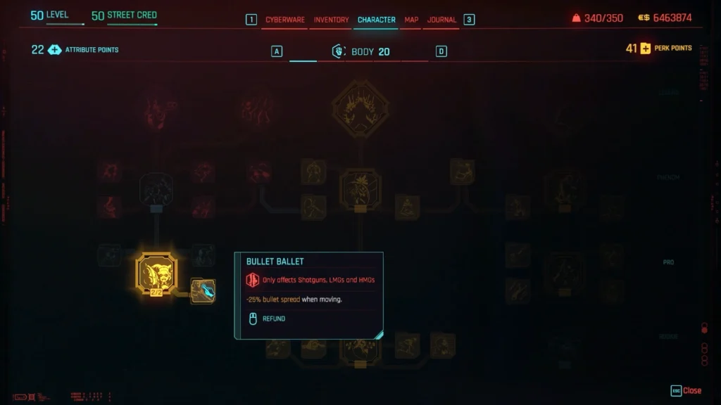 Cyberpunk 2077 Bullet Ballet perk highlighted in the Body skill tree for shotgun, LMG, and HMG builds.