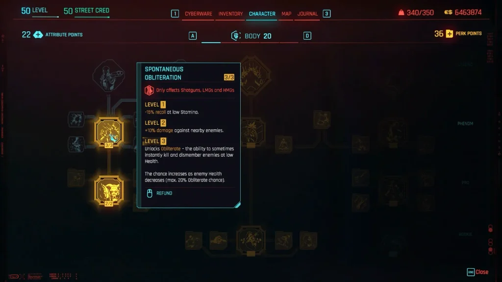Cyberpunk 2077 Spontaneous Obliteration perk full level