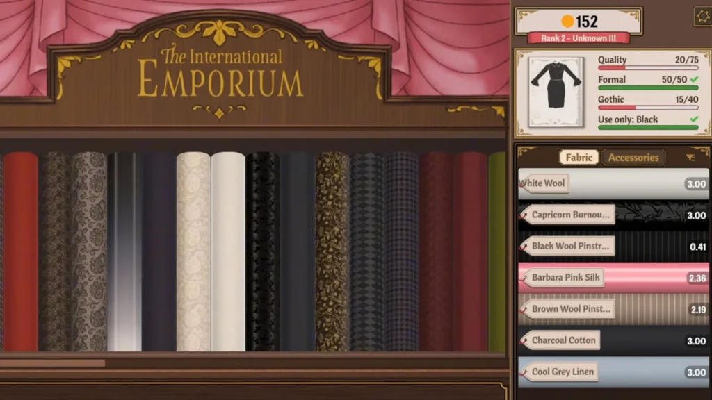 Dressmaker commission criteria showing quality at 20 out of 75