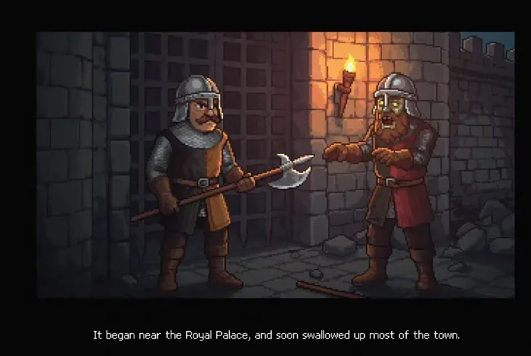 A knight and zombie with generic poses stand in front of each other in Graveyard Keeper 2 cutscene slide
