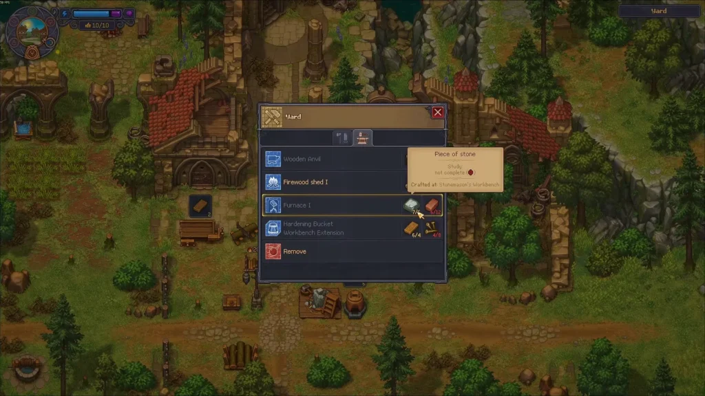 Graveyard Keeper 2 Yard building desk showing the Furnace I cost