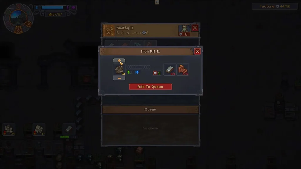 Graveyard Keeper 2 Zombie with Smithing 6 working Smithy II on an Iron Kit II order
