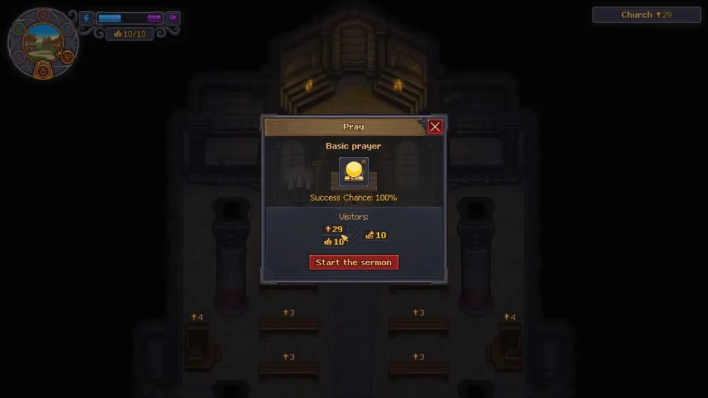 Graveyard Keeper 2 sermon window at the church pulpit with the Basic Prayer selected