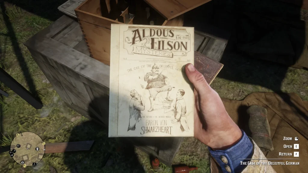 Hosea's crime novel request in RDR2 showing The Case of the Shrew in the Fog book