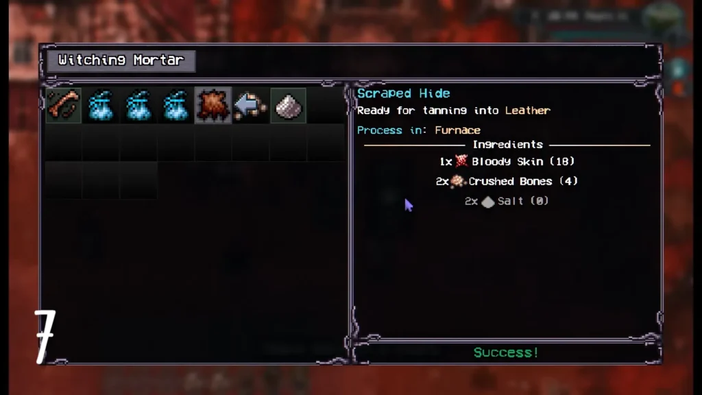 Leather item in Welcome to Elderfield with Bloody Skin and Scraped Hide crafting materials