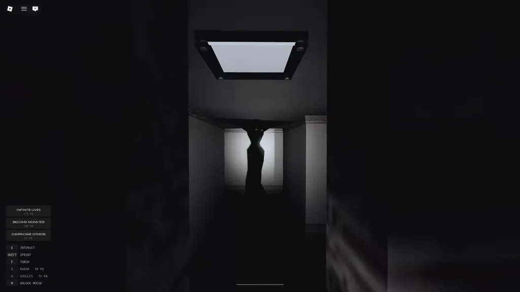 MONOCHROME Roblox walkthrough screenshot featuring the abandoned corridor maze, monster encounter, and key-finding objective