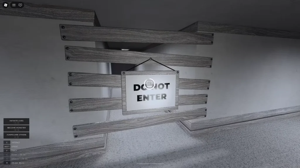Monochrome Roblox guide image featuring the abandoned corridor maze where players search rooms, avoid the monster, and escape