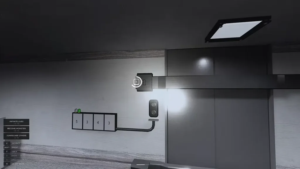 Monochrome Roblox horror escape game walkthrough showing the grayscale house corridors players explore to find four keys and the escape code