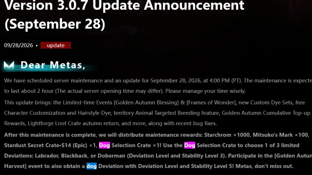 Once Human Version 3.0.7 Update Announcement about dogs in the game