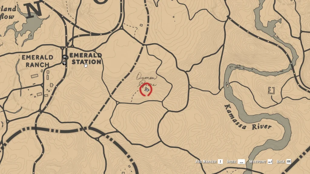 Osman Grove cabin location east of Emerald Ranch where the RDR2 Fountain Pen is found