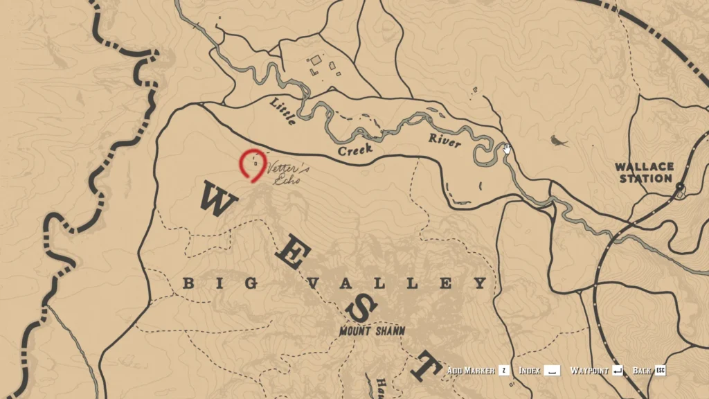RDR2 Dutch pipe request guide showing the Vetter's Echo cabin location