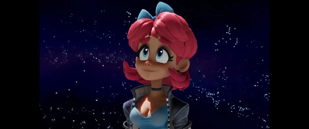 Scarlet floating in space during the Scarlet Skips ending