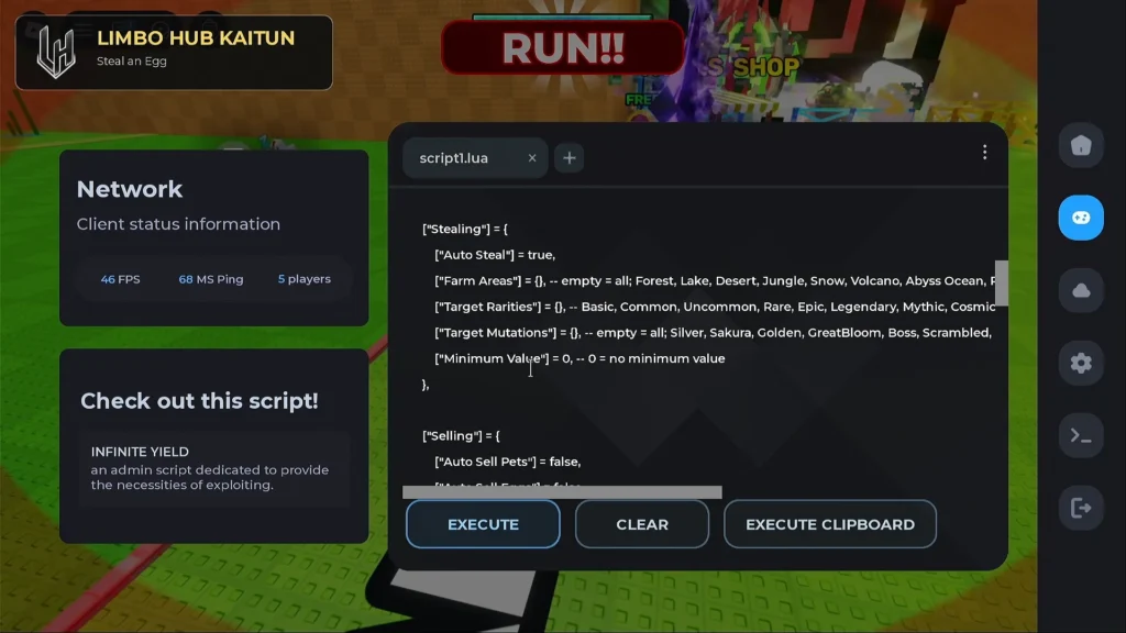 Steal An Egg script menu with Auto Farm, ESP, and Speed options