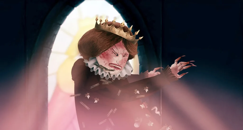 The Queen falls backwards through the window