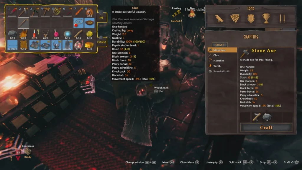 Valheim cheated item tooltip on a crafted club